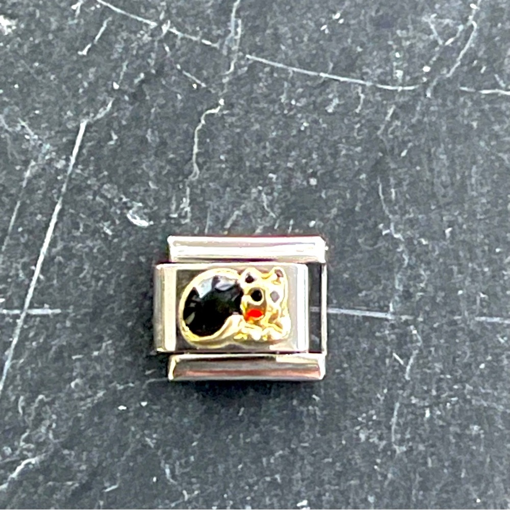Morellato stainless steel and gold stretchy links, black enameled cat charm.